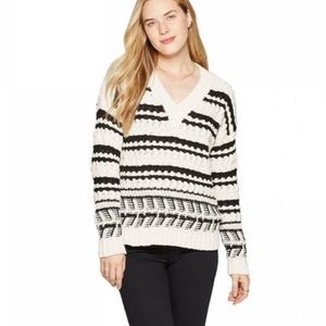 Black and White Knit V Neck Sweater
